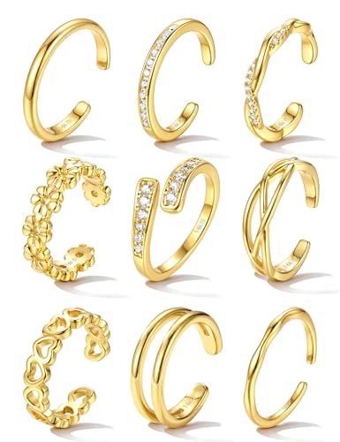 sailimue Gold Filled Toe Rings for Women Non Tarnish Adjustable Silver Ring | 9Pcs 14K Gold Filled Toe Rings Waterproof Summer Beach Foot Jewelry Hypoallergenic Stacking Band Stackable Ring - color: Gold