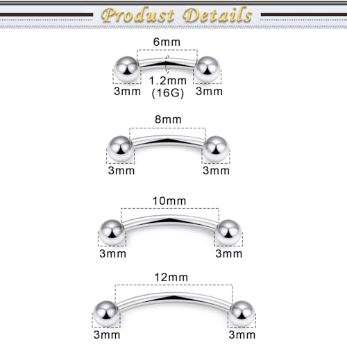 Eyebrow Piercing Jewelry Surgical Steel Vertical Labret Lip Jewelry Curved Barbell Tiny Eyebrow Ring Ear Rook Navel Small Belly Button Ring for Women Men 16g Bar Length 6mm/8mm/10mm/12mm - color: silvertone,ball