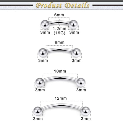 Eyebrow Piercing Jewelry Surgical Steel Vertical Labret Lip Jewelry Curved Barbell Tiny Eyebrow Ring Ear Rook Navel Small Belly Button Ring for Women Men 16g Bar Length 6mm/8mm/10mm/12mm - color: silvertone,ball