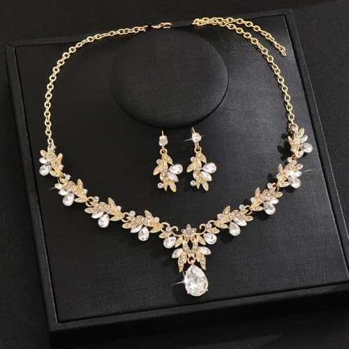 CJIAYUJEW Cubic Zirconia Wedding Jewelry Sets for Bride Bridesmaid Cluster Crystal Teardrop Pendants Jewelry Set Necklace Earring for Brides Bridesmaid for Wedding Party - color: White