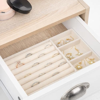 Jewelry Box Insert Organizer for Drawer, Stackable Trays Velvet Jewelry Drawer Inserts, Ring Earring Stud Necklace Holder Display Storage Case(Beige, 8.3 x 4.9in) - color: Beige