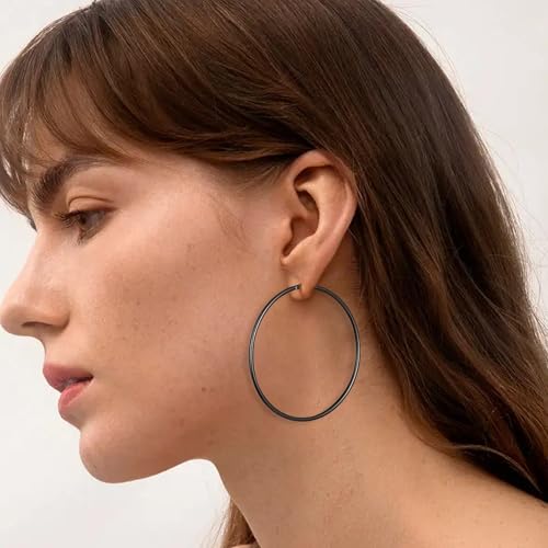 Gold Hoop Earrings for Women 14K Gold Plated | 925 Sterling Silver Post Hypoallergenic Hoop Earrings - color: Black, size: 70mm