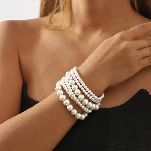 Boho Pearl Beaded Bracelets for Women Wedding White Pearl Bracelet Stack | Dainty,stackable,stretch,everyday,jewelry,set,bohemian,layered,bead,elastic,accessories,vintage,aesthetic,birthday,prom,gifts