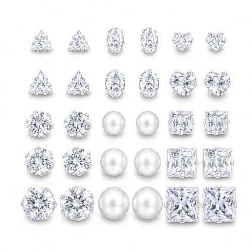 KISS WIFE CZ Stud Earrings Set for Women, Cubic Zirconia Stud Earrings in Multiple Sizes, Triangle Oval Heart Round Pearl Square Earrings, Hypoallergenic Silver Stud Earrings for Cartilage Piercing Jewelry - style: Triangle + Oval + Heart + Round + Pearl