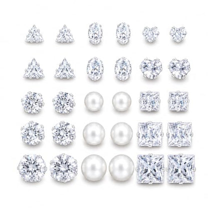 KISS WIFE CZ Stud Earrings Set for Women, Cubic Zirconia Stud Earrings in Multiple Sizes, Triangle Oval Heart Round Pearl Square Earrings, Hypoallergenic Silver Stud Earrings for Cartilage Piercing Jewelry - style: Triangle + Oval + Heart + Round + Pearl