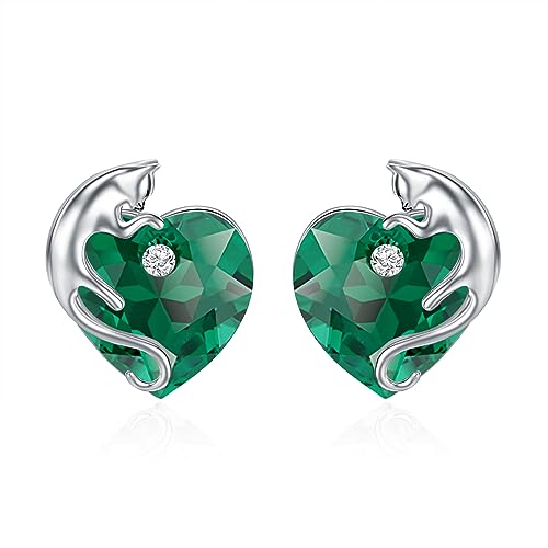 AOBOCO 925 Sterling Silver Cute Cat Studs Earrings for Women | Heart Crystals from Austira Cats Jewelry Gifts for Cat Lovers - color: Emerald Green