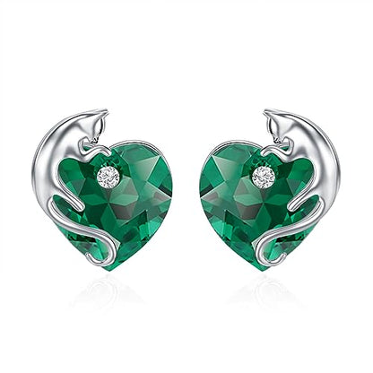 AOBOCO 925 Sterling Silver Cute Cat Studs Earrings for Women | Heart Crystals from Austira Cats Jewelry Gifts for Cat Lovers - color: Emerald Green
