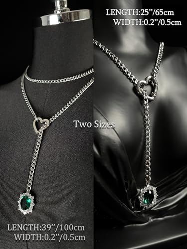 Women's Heart O-Ring Slip Chain Necklace, Double Layered Adjustable 39'' Cuban Chain with Detachable Heart Clasp and Colorful Rhinestone Pendant - color: 39'' Silver-Emerald Green