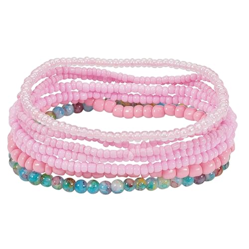 Bohemian Colorful Crystal Glass Beads Seed Beaded Bracelet Handmade Adjustable Stackable Elastic Strand Bangle for Women Summer Beach Hawaii Boho Wristbands Jewelry - color: pink
