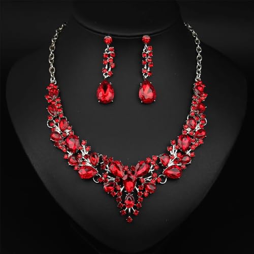 Crystal Bridal Jewelry Set, Floral Statement Necklace, Earrings, Bracelet, Wedding Accessories - color: Red