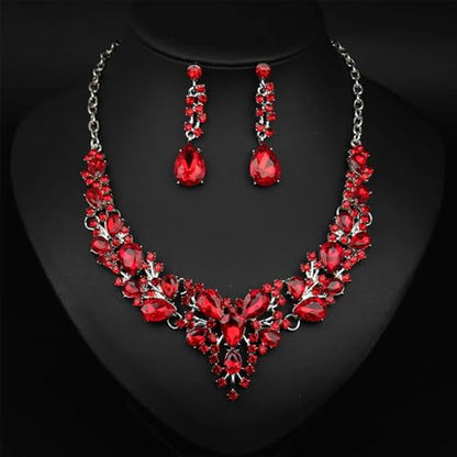 Crystal Bridal Jewelry Set, Floral Statement Necklace, Earrings, Bracelet, Wedding Accessories - color: Red