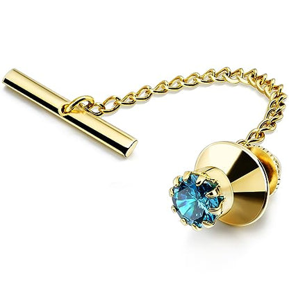 HAWSON Mens Tie Tack with Chain Round Crystal Wedding Business Accessories - color: Gold + Blue Zircon