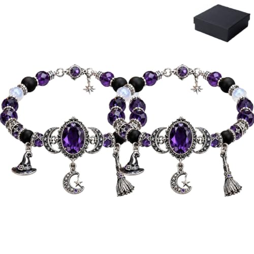 Witch's Crystal Moon Charm Bracelet, Purple Beaded Mystic Witch Jewelry, Mystic Crystal Moon Charm Bracelet, Magical Style - color: 2pcs