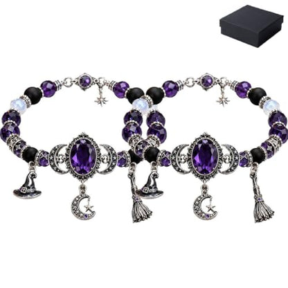 Witch's Crystal Moon Charm Bracelet, Purple Beaded Mystic Witch Jewelry, Mystic Crystal Moon Charm Bracelet, Magical Style - color: 2pcs