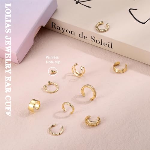 LOLIAS 𝐄𝐚𝐫 𝐂𝐮𝐟𝐟 𝐄𝐚𝐫𝐫𝐢𝐧𝐠𝐬 for Women Non Piercing Gold Plated Ear Cuffs 𝟏𝟒𝐊 𝐆𝐨𝐥𝐝 𝐏𝐥𝐚𝐭𝐞𝐝 Ear Cuff for Non Pierced Ears Clip on Cartilage Earring 𝐅𝐚𝐤𝐞 𝐄𝐚𝐫𝐫𝐢𝐧𝐠𝐬 Lightweight - style: 14K Gold Plated