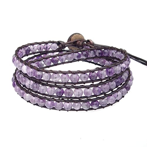 Genuine Stone Wrap Bracelets for Women Natural Crystal Beaded Wrap Bracelet 2/3/5 Adjustable Bohemian Bracelets Jewelry Gifts for Women Mom - color: amethyst(3 wraps)