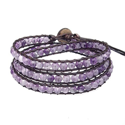 Genuine Stone Wrap Bracelets for Women Natural Crystal Beaded Wrap Bracelet 2/3/5 Adjustable Bohemian Bracelets Jewelry Gifts for Women Mom - color: amethyst(3 wraps)