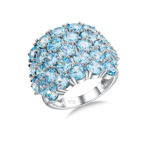 925 Sterling Silver Pave Birthstone Chunky Statement Rings for Women Men | 14K Gold Plated/Silver Large Dome Ring Birthday Cocktail Jewelry,Size 6 to 10(with Gift Box) - color: 03-Created Aquamarine-Mar.