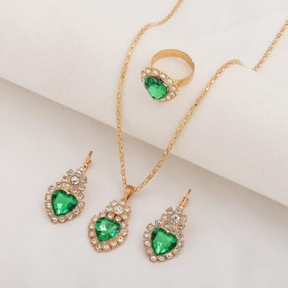 Teardrop/Heart Crystal Jewelry Set for Women, Gold Tone Rhinestone Necklace Earrings Ring Set, Wedding Bridal Prom Party Jewelry Gift - color: Green (Heart)