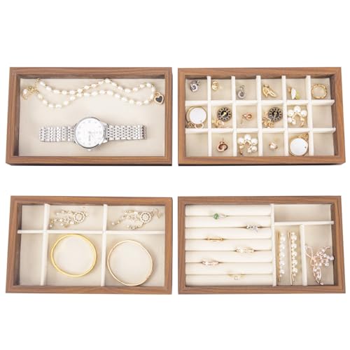 Wooden Jewelry Organizer Trays for Drawer, Stackable Jewelry Drawer Organizer Inserts, Set of 4 Jewelry Storage Flat Stacking Display Case Box for Rings Stud Necklaces(Beige)