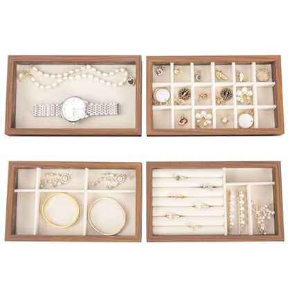 Wooden Jewelry Organizer Trays for Drawer, Stackable Jewelry Drawer Organizer Inserts, Set of 4 Jewelry Storage Flat Stacking Display Case Box for Rings Stud Necklaces(Beige)