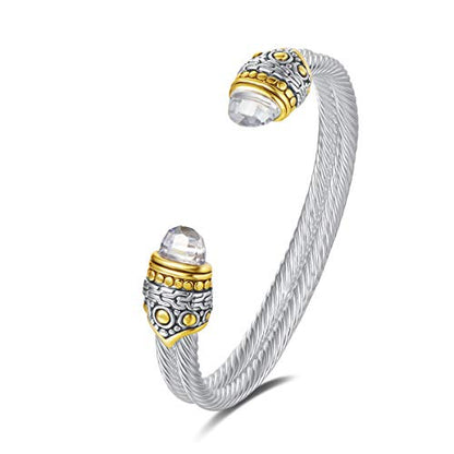 Designer Inspired Jewelry Double Cable Wire Facet CZ Antique Bangle Elegant Beautiful - color: White
