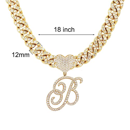 Initial Necklaces Silver Cuban Link Chain for Women Iced Out Chain with Heart Letter Pendants Custom Chain Name Necklace Hip Hop Jewelry Gift - color: B Gold