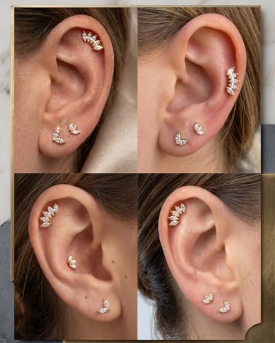 YACHY ASTM F136 G23 Titanium Flat Back Stud Earrings, Internally Threaded Screw-On Hypoallergenic Body Piercing Jewelry for Everyday Wear, Tragus Helix Conch Monroe Medusa Lip, 18G 6mm 8mm - color: Luna Laurel--3pcs+3bar--Gold, size: 6mm+8mm