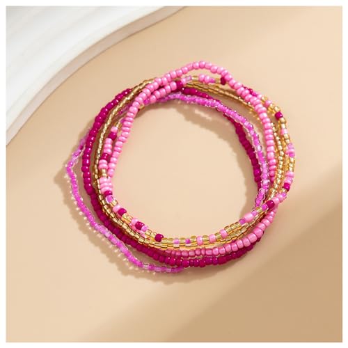 5Pcs Summer Beach Bead Anklet Bracelet,Multi-layered Pearl Anklets,Bikini Foot Chain Bracelet Wedding Bridal Adjustable Leg Bracelet Jewelry for Women Girls - style: Pink