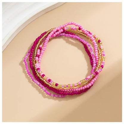 5Pcs Summer Beach Bead Anklet Bracelet,Multi-layered Pearl Anklets,Bikini Foot Chain Bracelet Wedding Bridal Adjustable Leg Bracelet Jewelry for Women Girls - style: Pink