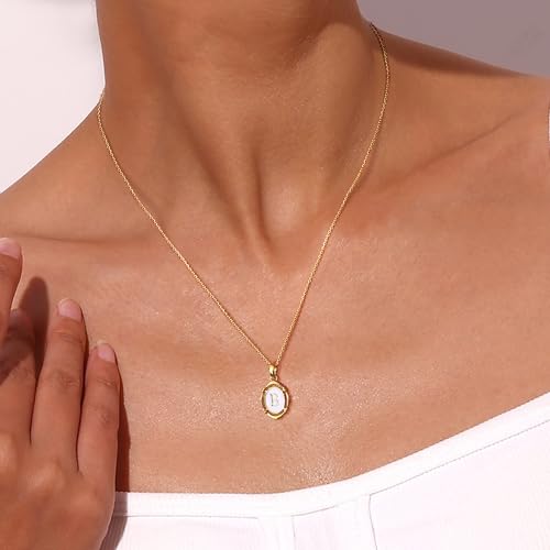 14K Gold Plated Initial Necklaces for Women, Letter Charm Pendant Necklace | Dainty Oval White Enamel Personalized Name Necklace, Trendy Jewelry with 16 inches Chain and 2 inches Extender - color: B