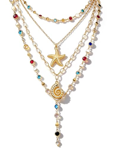 4PCS Layered Gold Cross Necklaces for Women Trendy, Bohemian Bead Pearl Y Long Pendant Necklace Set, Vintage Rosary Necklace Stack Adjustable Length - color: gold-starfish