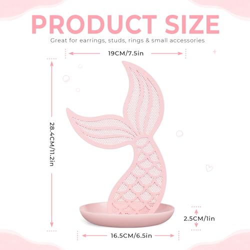 Earring Holder Organizer for Girls, Pink Mermaid Tail Metal Earring Stand with Tray for Rings, Bracelets and Necklaces, Cute Vanity Display - color: Pink Mermaid Tail