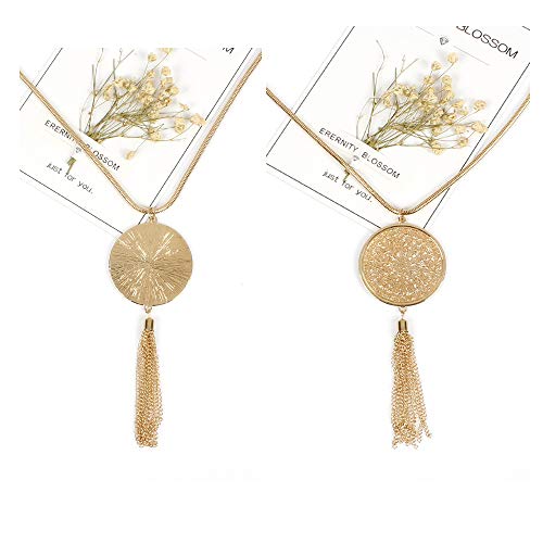 SEVENSTONE 3PCS Long Pendant Necklaces for Women Knot Disk Circle Tassel Statement Sweater Necklace Set - color: Gold
