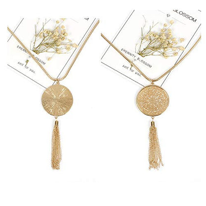 SEVENSTONE 3PCS Long Pendant Necklaces for Women Knot Disk Circle Tassel Statement Sweater Necklace Set - color: Gold
