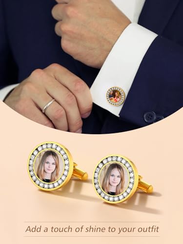FindChic Stainless Steel Round Cufflinks with Custom Text/Picture/Monogram Letters 18K Gold Plated/Black Color for Men Groom Suits Shirts, with Gift Box - style: 02. CZ custom photo-round (gold plated)