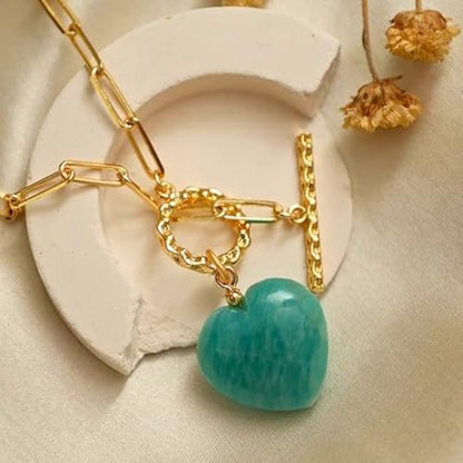 Gempires Gemstone Heart Pendant Necklace for Women, Gold Toggle Birthstone | Handmade gemstone heart pendant necklace — choose from 11 stones and birthstones, gold toggle paperclip chain. - color: Amazonite
