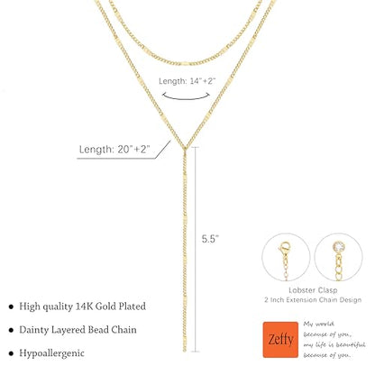 Zeffy Lariat Gold Necklace for Women, Dainty Long Necklace 14k Gold/Silver Plated Layered CZ Beaded Bar Chain Y-Shaped Body Chain Stack Drop Wedding Necklace Trendy Simple Gold Jewelry Gifts - color: Gold Bar Y Necklace(1PCS）