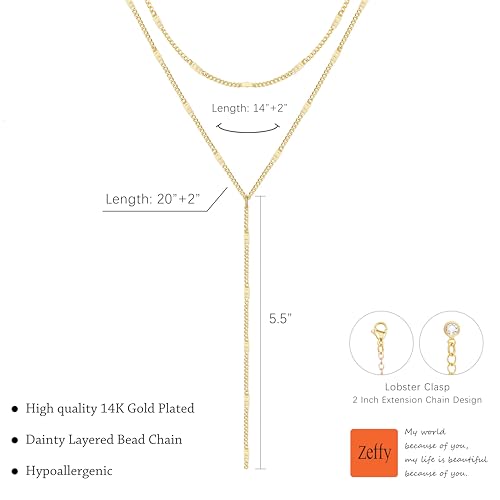 Zeffy Lariat Gold Necklace for Women, Dainty Long Necklace 14k Gold/Silver Plated Layered CZ Beaded Bar Chain Y-Shaped Body Chain Stack Drop Wedding Necklace Trendy Simple Gold Jewelry Gifts - color: Gold Bar Y Necklace(1PCS）