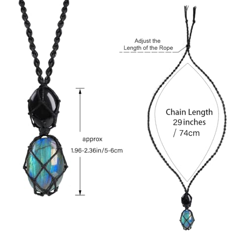 Anjiucc Handmade Crystal Cage Holder with Raw Gemstone Pendant Necklace Natural Stone Healing Crystal Necklace Adjustable Length - color: Labradorite+Black Obsidian