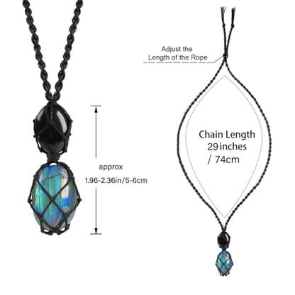 Anjiucc Handmade Crystal Cage Holder with Raw Gemstone Pendant Necklace Natural Stone Healing Crystal Necklace Adjustable Length - color: Labradorite+Black Obsidian