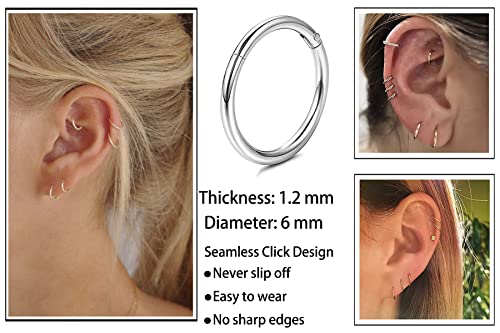 Unisex Dainty Tiny 18k Real Gold Plating Cartilage Huggie Hoop Earrings, 16G Surgical Steel Small Endless Hinged Hoops Earring for Earlobe Cartilage Helix Rook Daith Conch Nose Lip Body Piercing Jewelry - color: Silver 6mm