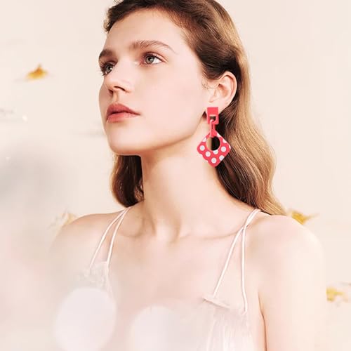 Handmade Lightweight Retro Polka Dot Square Hollow Round Dangle Drop Earrings Unique Chic Resin Geometric Stud Earrings For Women - style: Pink Chain