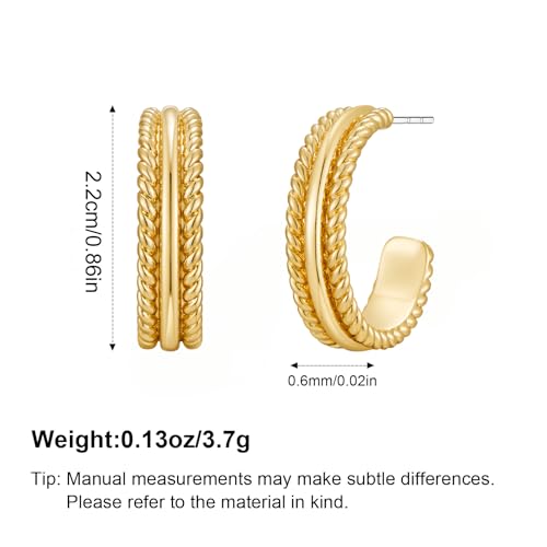 Gold Plated Chunky Hoop Earrings for Women - Stylish Statement Twisted Rope C Shaped Hoop Earrings Fashion Jewelry Gift - color: gold tone