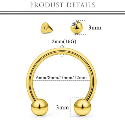 Hoeudjo 16G Horseshoe Septum Rings with Ball Grabber Tool Hypoallergenic Surgical Steel Septum Piercing Jewelry Lip Rings Smiley Piercing Jewelry for Women Men Diameter 6mm 8mm 10mm 12mm - color: goldtone