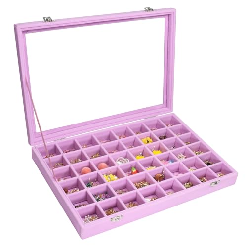 Vicoter 48 Grid Velvet Jewelry Tray Clear Lid Rings Earrings | Organizer Transparent Cover Necklaces Pendants Storage Box for Girls Wife Mom Women（Pink） - color: Pink, size: 48 Grid