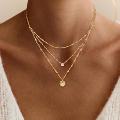 Layered Necklaces for Women, Simple Gold Necklace Stack Dainty 14K Gold Plated CZ Disc Pendant Necklace Set Non Tarnish Gold Jewelry Gifts - color: Gold-Wave+CZ+Disc