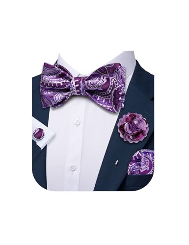 YOHOWA Bow Ties for Men Self-tied Silk Bowtie Solid Color with Lapel Pin and Handkerchief Cufflinks for Wedding Party Prom - color: Purple White