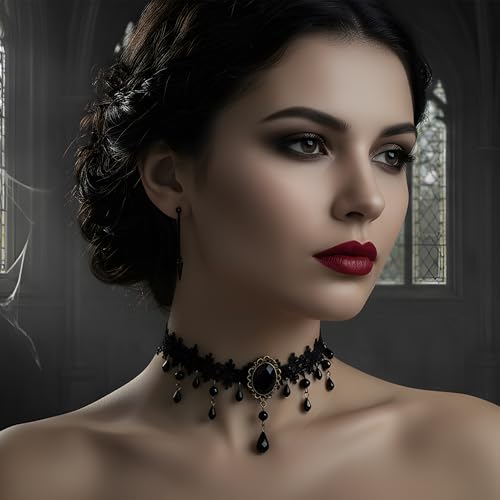 MOSTORY Gothic Accessories for Women, 3 Pcs Blakc Beaded Lace Choker Necklace Dangle Earrings Spike Heart Hoop Earrings Set for Goth Cosplay Witch Aesthetic Renaissance Renfaire Halloween