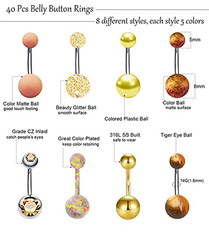 24-50Pcs 14G Stainless Steel Belly Button Rings for Women CZ Screw Navel Bars Body Piercing Jewelry - color: E: 40pcs style 1